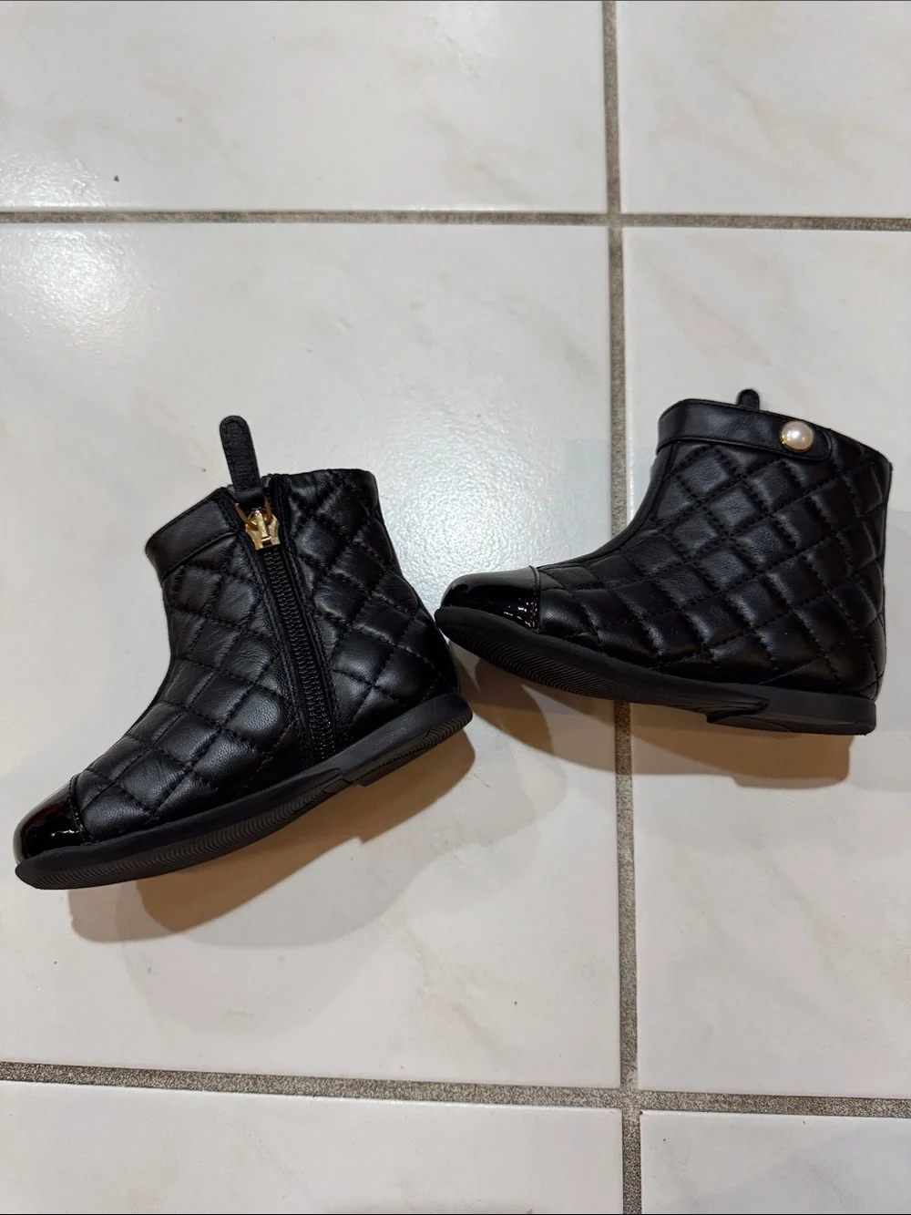 Girls' Black Quilted Ankle Boots with Pearl Accent size 8